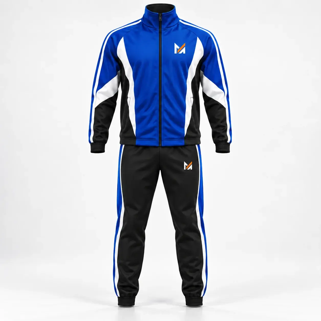 Royal blue, black, and white custom team tracksuit with color-block panels, zip-up jacket, matching pants, and Mega Apparel logos on the chest and pants.